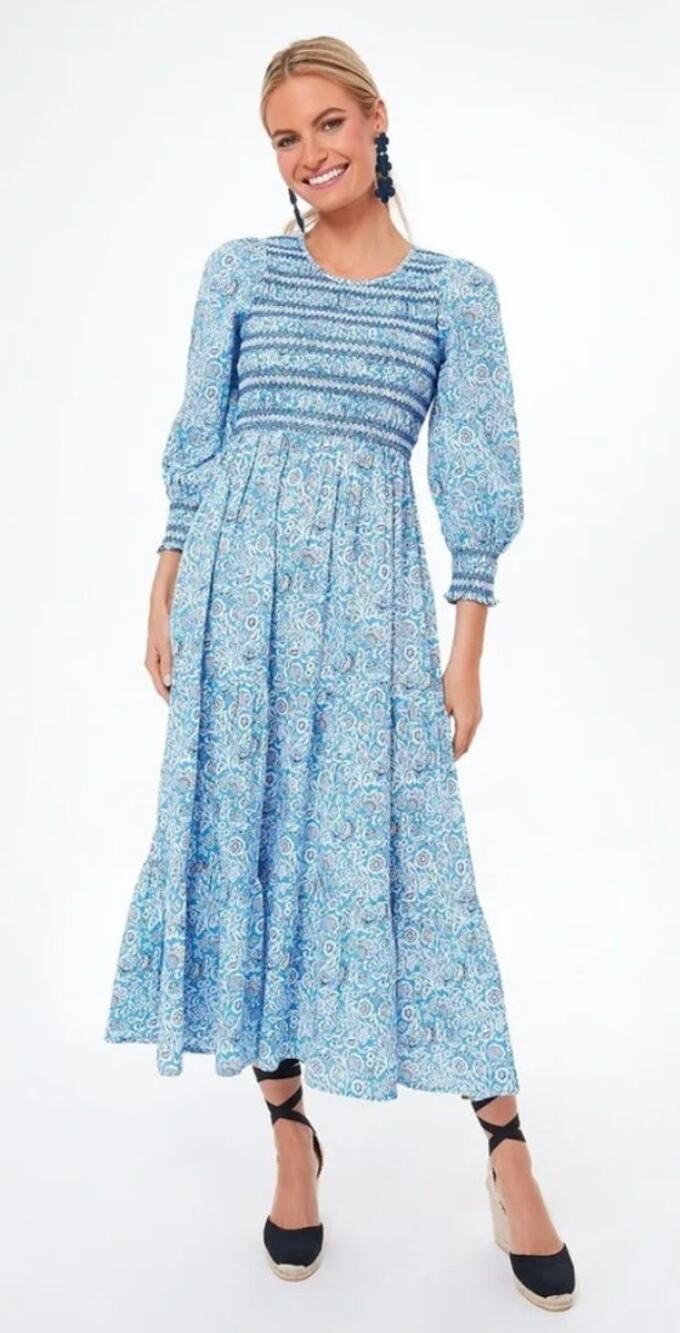 Pink City Prints Tuckernuck Sky Isabel Blue Midi Smocked Long Sleeve Dress S